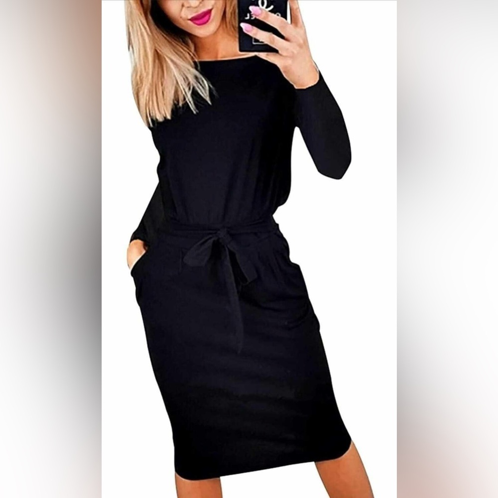 New Medium Women's Fashion Casual Long Sleeve Belted  Pencil Dress